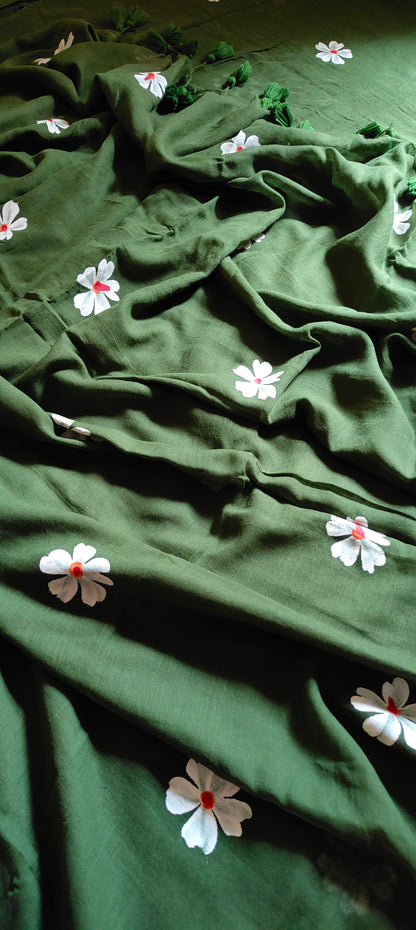 Chitrika – Bottle Green Hand Painted Mul Cotton Saree