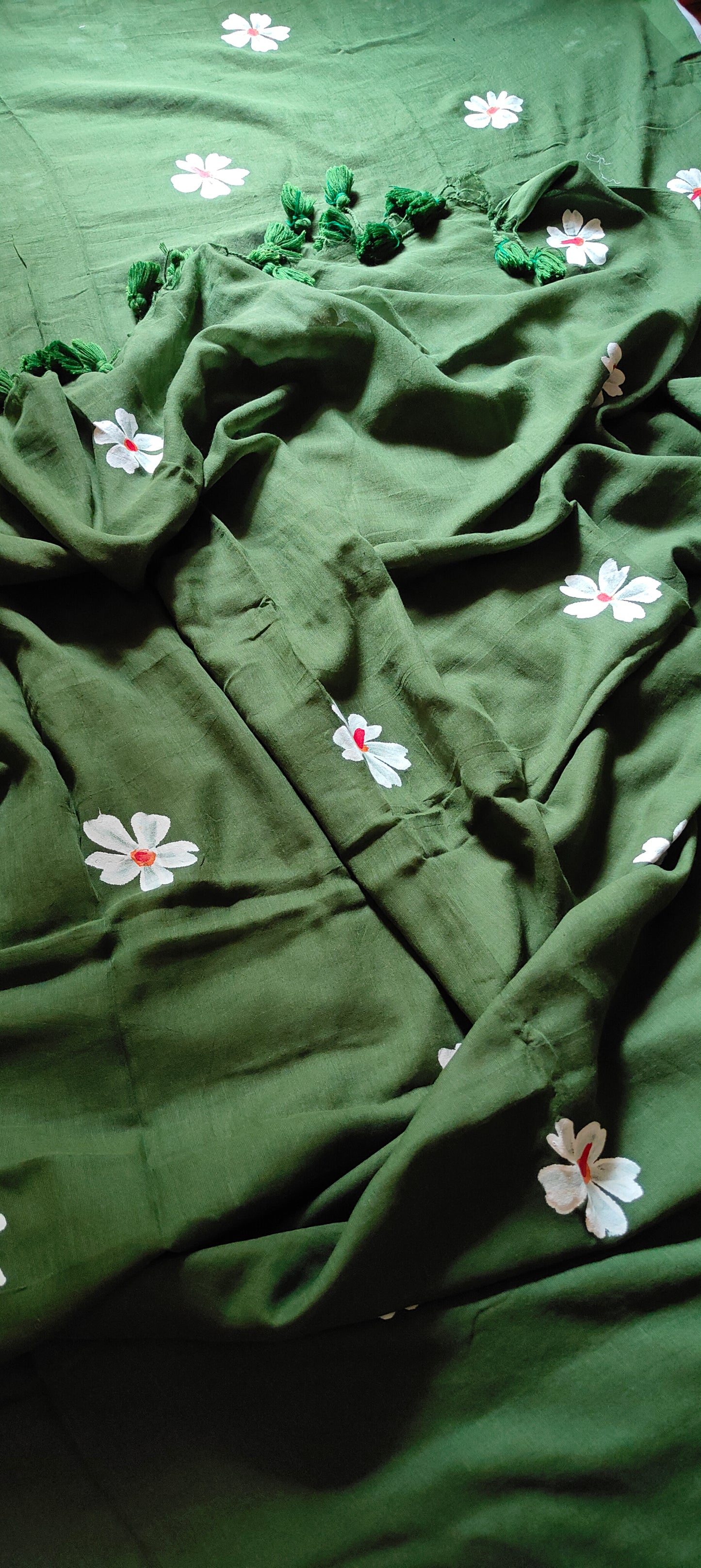 Chitrika – Bottle Green Hand Painted Mul Cotton Saree