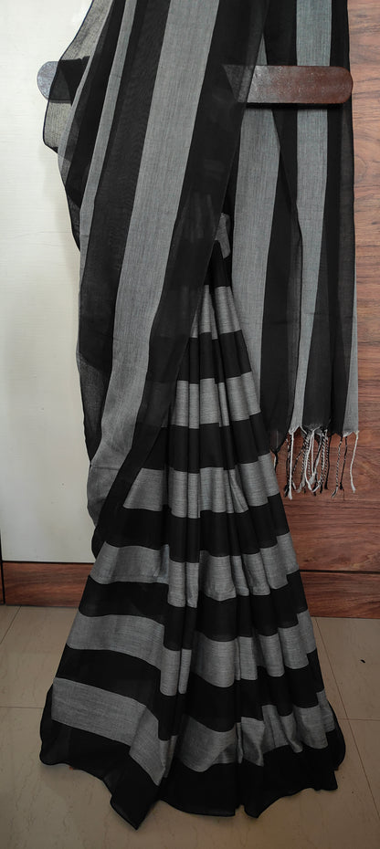 Manochrome striped Mul Cotton handloom Saree
