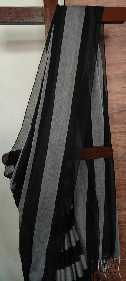 Manochrome striped Mul Cotton handloom Saree