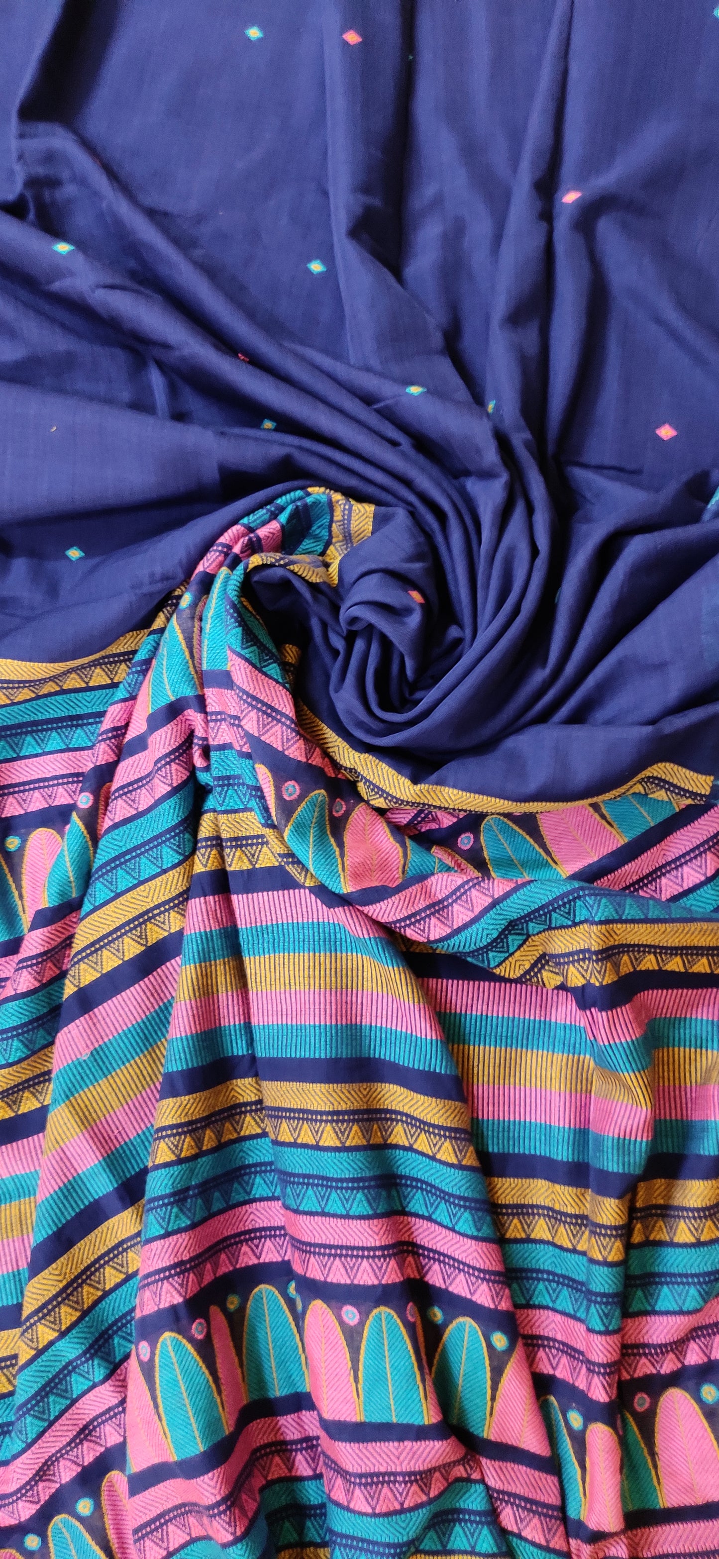 Pure Cotton Soft Assam Style Navy Blue Handloom Saree