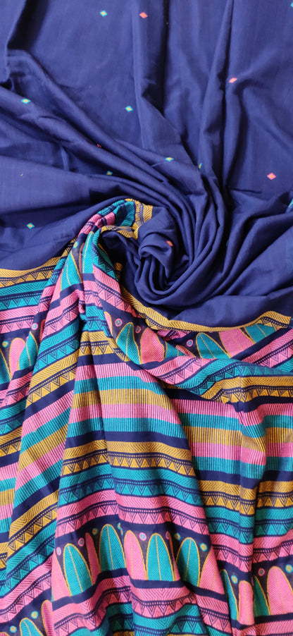 Pure Cotton Soft Assam Style Navy Blue Handloom Saree