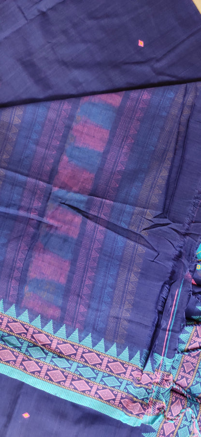 Pure Cotton Soft Assam Style Navy Blue Handloom Saree