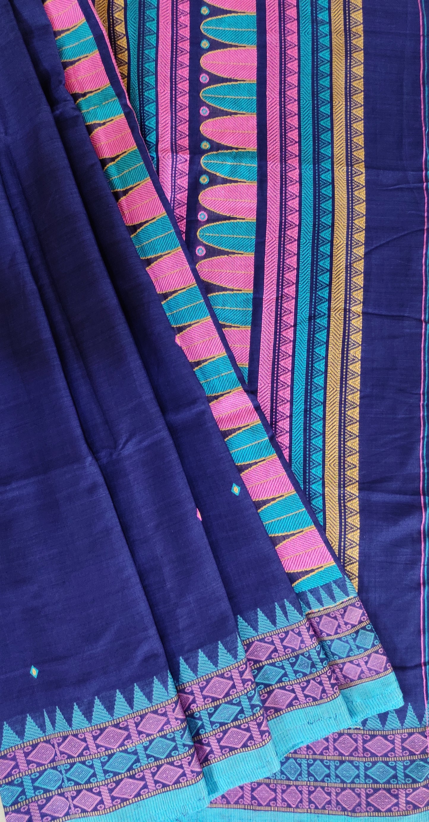 Pure Cotton Soft Assam Style Navy Blue Handloom Saree