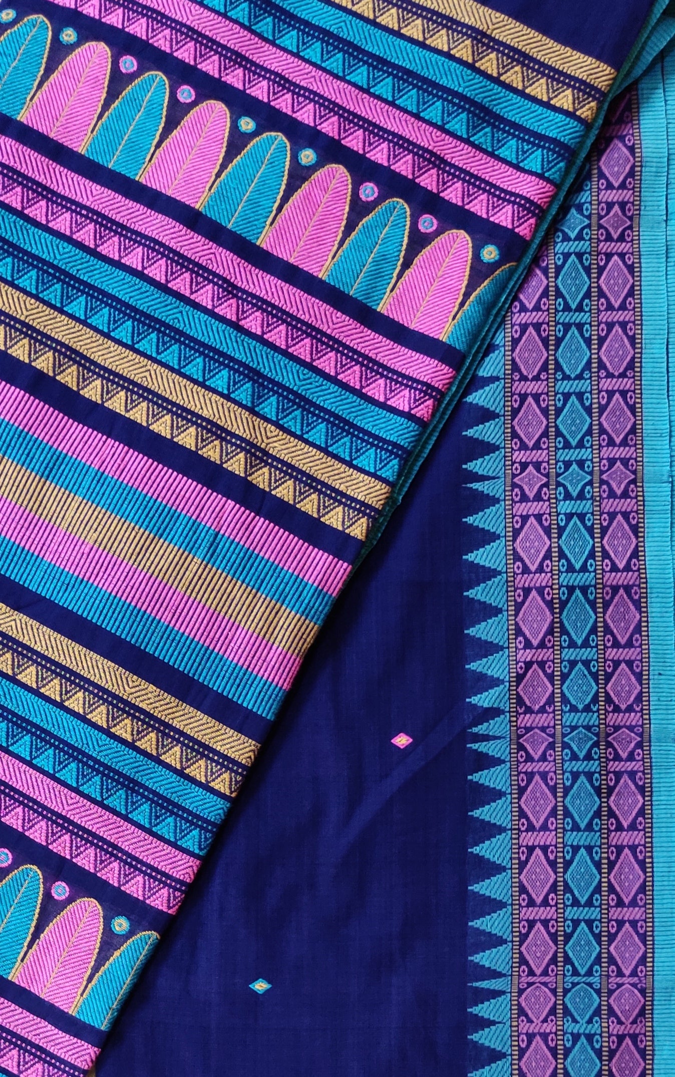 Pure Cotton Soft Assam Style Navy Blue Handloom Saree