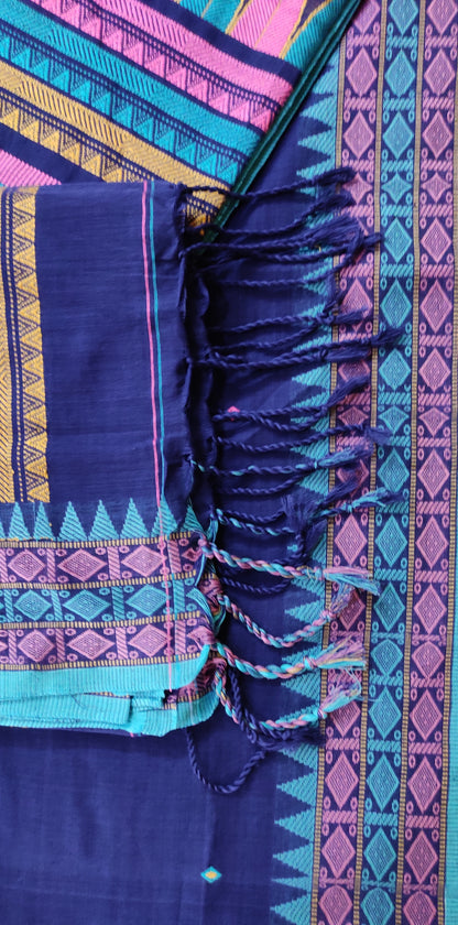 Pure Cotton Soft Assam Style Navy Blue Handloom Saree