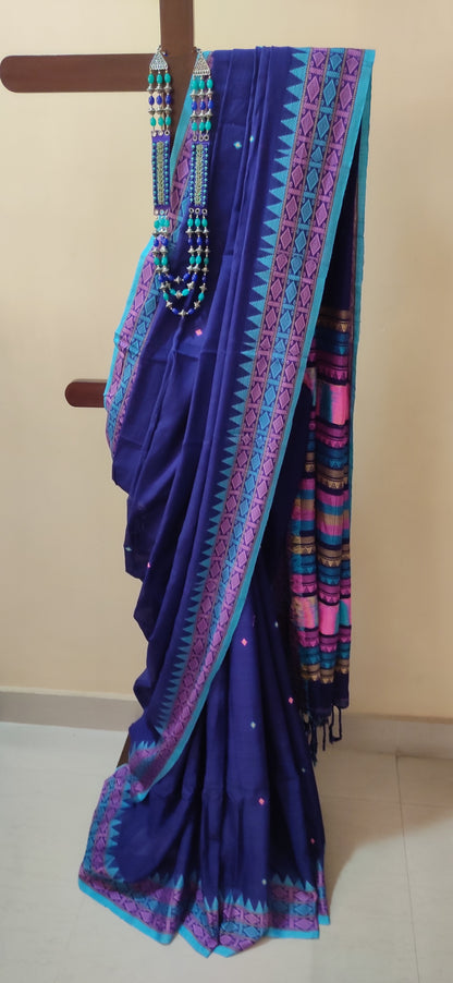 Pure Cotton Soft Assam Style Navy Blue Handloom Saree