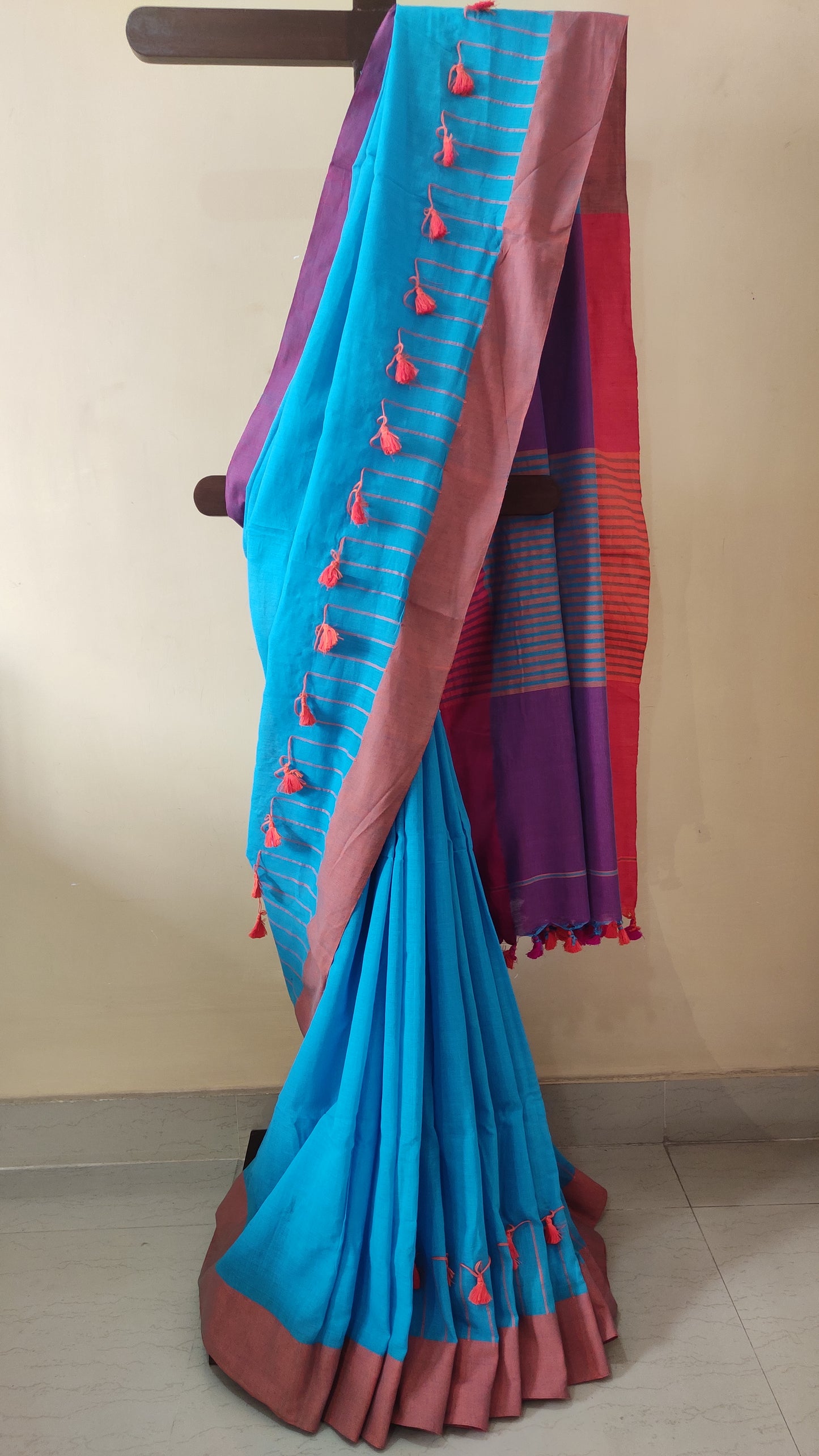 Pink Border on Asmani Blue Shaded Khadi Handloom Self Threaded Pompom Saree
