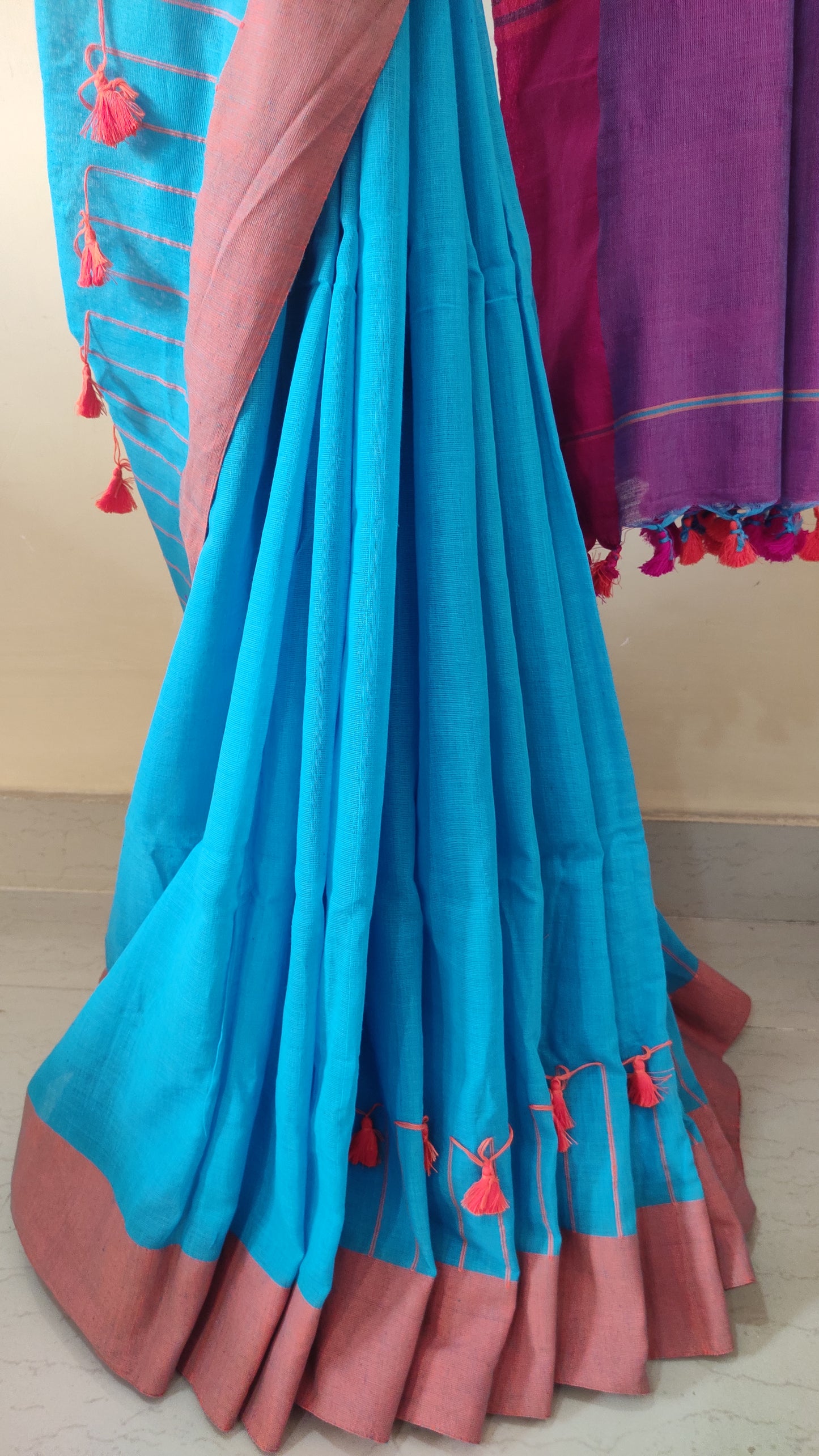 Pink Border on Asmani Blue Shaded Khadi Handloom Self Threaded Pompom Saree