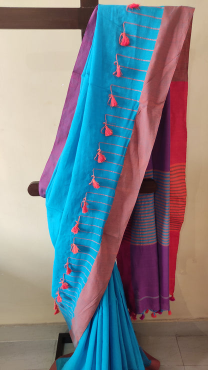 Pink Border on Asmani Blue Shaded Khadi Handloom Self Threaded Pompom Saree
