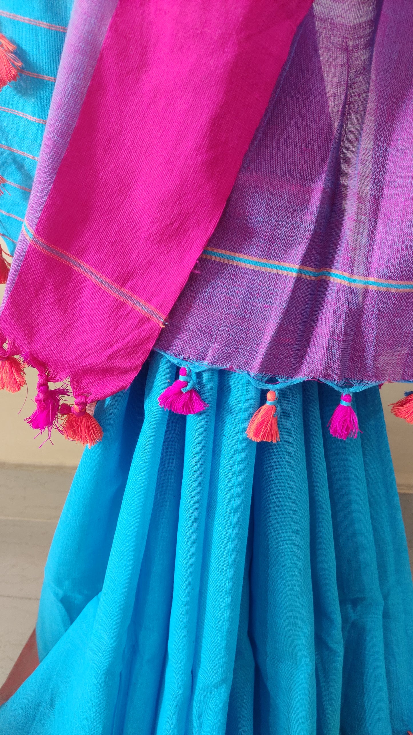 Pink Border on Asmani Blue Shaded Khadi Handloom Self Threaded Pompom Saree