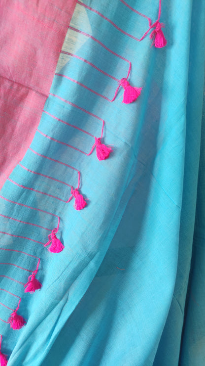 Pink Border on Asmani Blue Shaded Khadi Handloom Self Threaded Pompom Saree