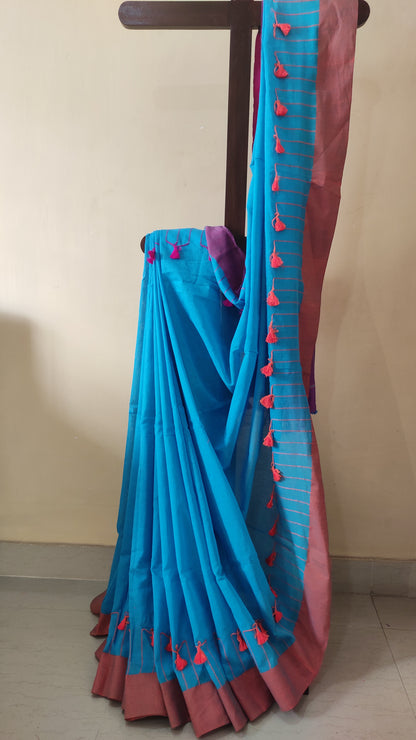 Pink Border on Asmani Blue Shaded Khadi Handloom Self Threaded Pompom Saree