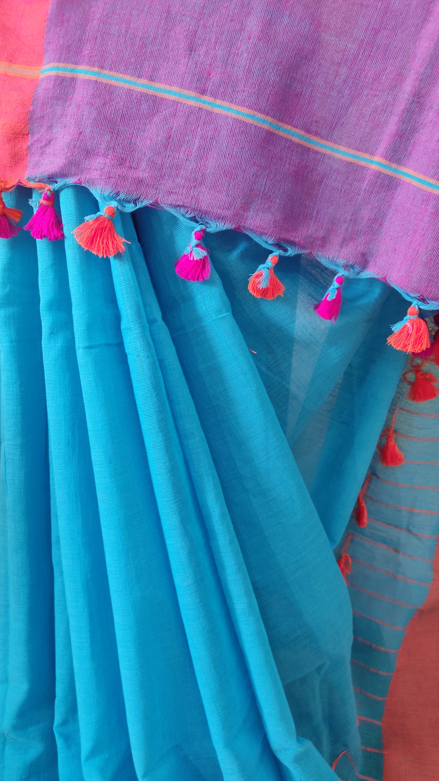 Pink Border on Asmani Blue Shaded Khadi Handloom Self Threaded Pompom Saree