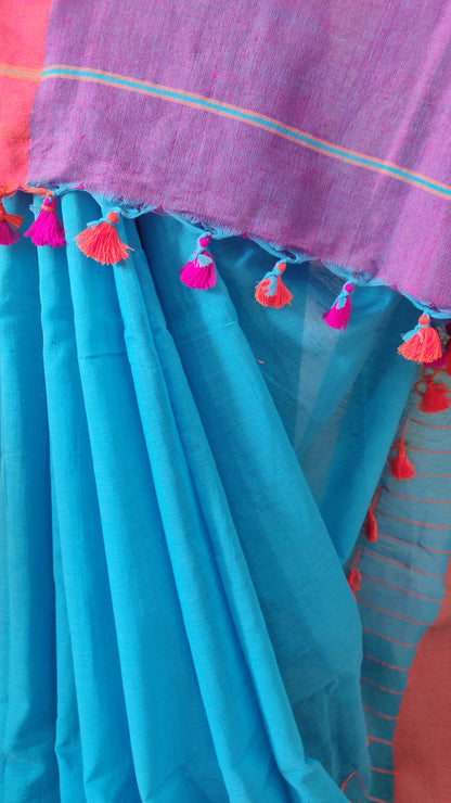 Pink Border on Asmani Blue Shaded Khadi Handloom Self Threaded Pompom Saree