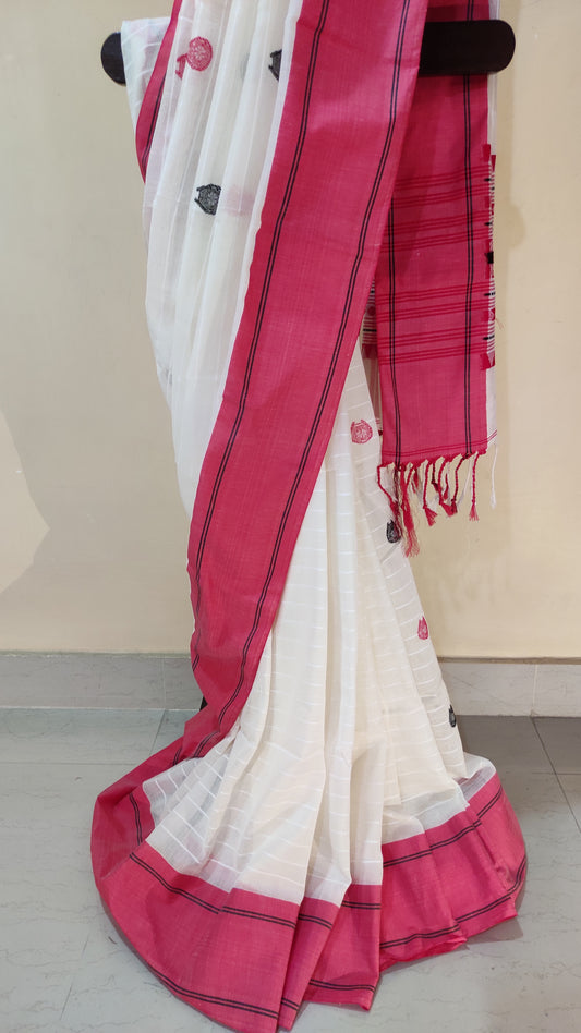 Vaidehi – Classic White Red Cotton Saree