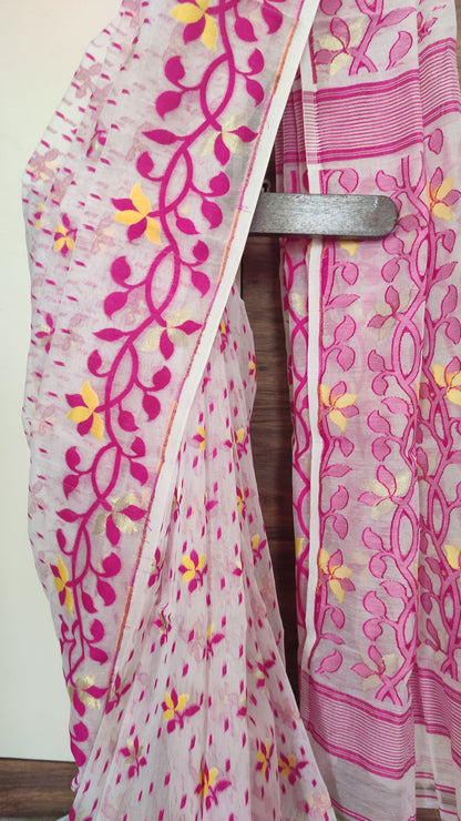 Jamdani Inspired White-Pink Silk Cotton Handloom Saree