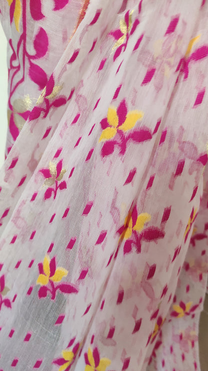 Jamdani Inspired White-Pink Silk Cotton Handloom Saree