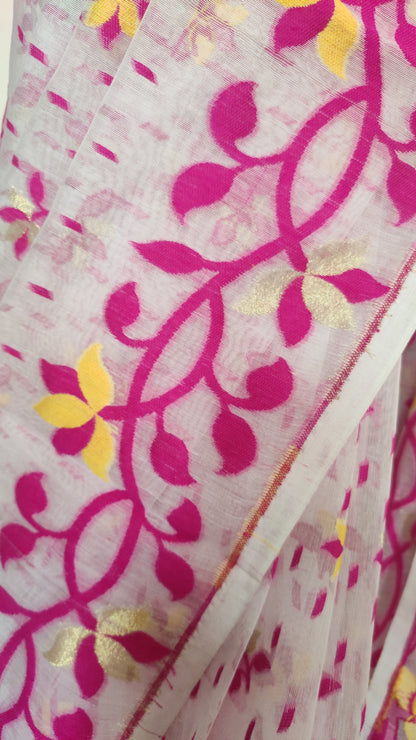 Jamdani Inspired White-Pink Silk Cotton Handloom Saree