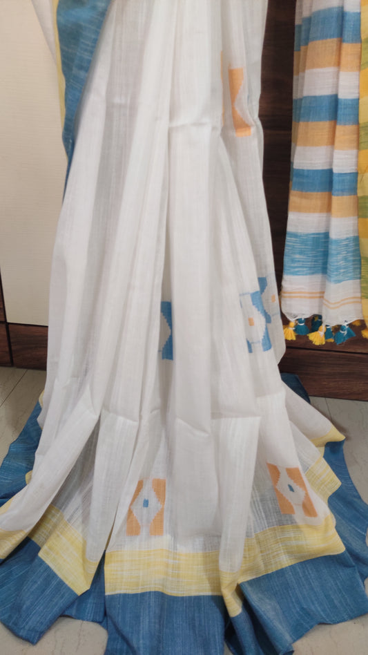 Threaded box motif done White Khadi Cotton handloom Saree
