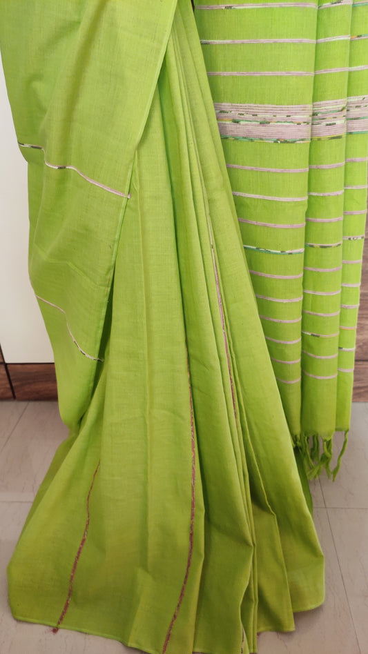 Plain Parrot Green Khesh Cotton Saree