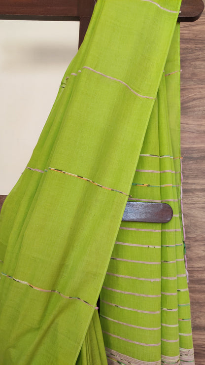 Plain Parrot Green Khesh Cotton Saree
