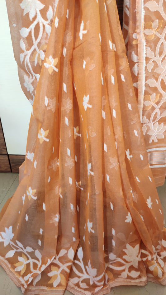 Jamdani Inspired Beige Silk Cotton Thread Worked Saree