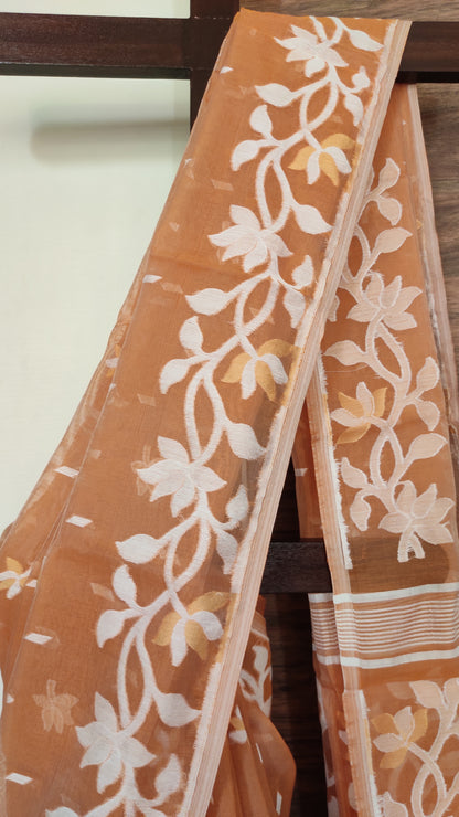 Jamdani Inspired Beige Silk Cotton Thread Worked Saree