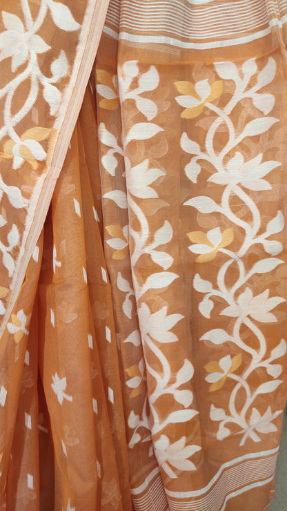 Jamdani Inspired Beige Silk Cotton Thread Worked Saree