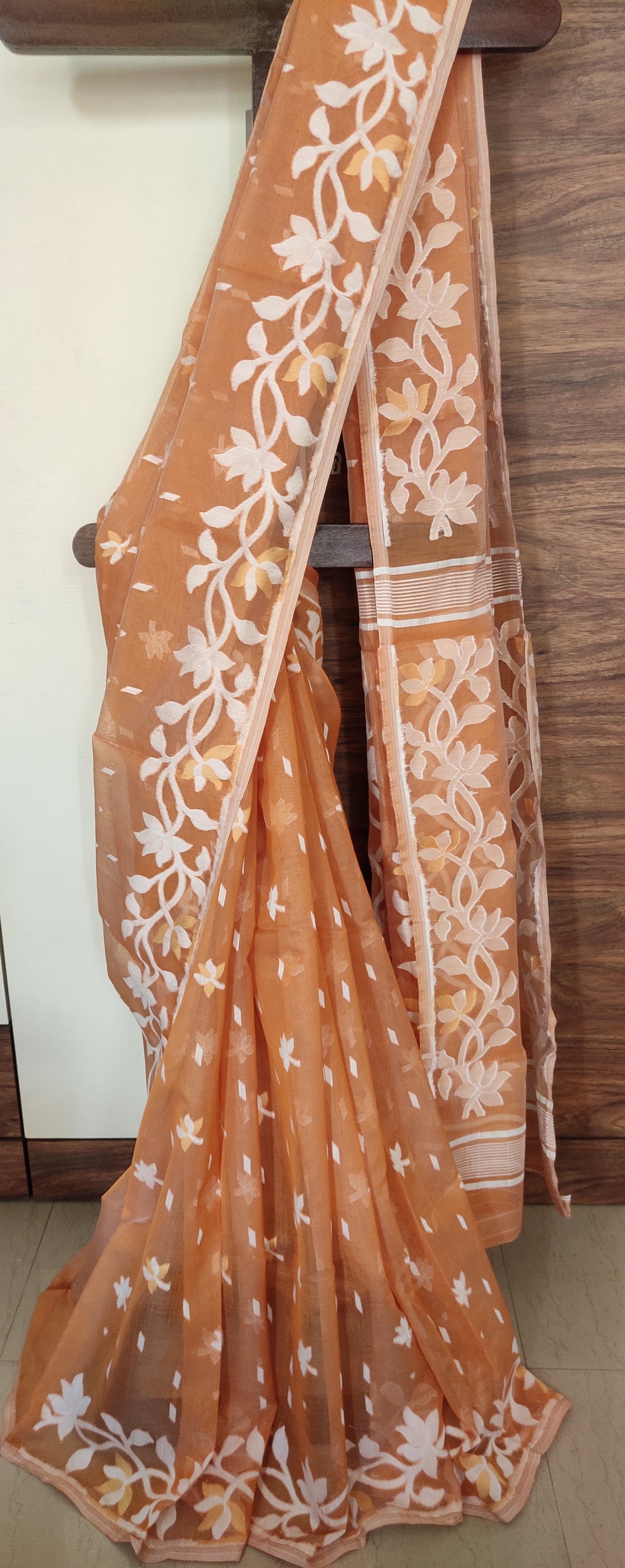 Jamdani Inspired Beige Silk Cotton Thread Worked Saree