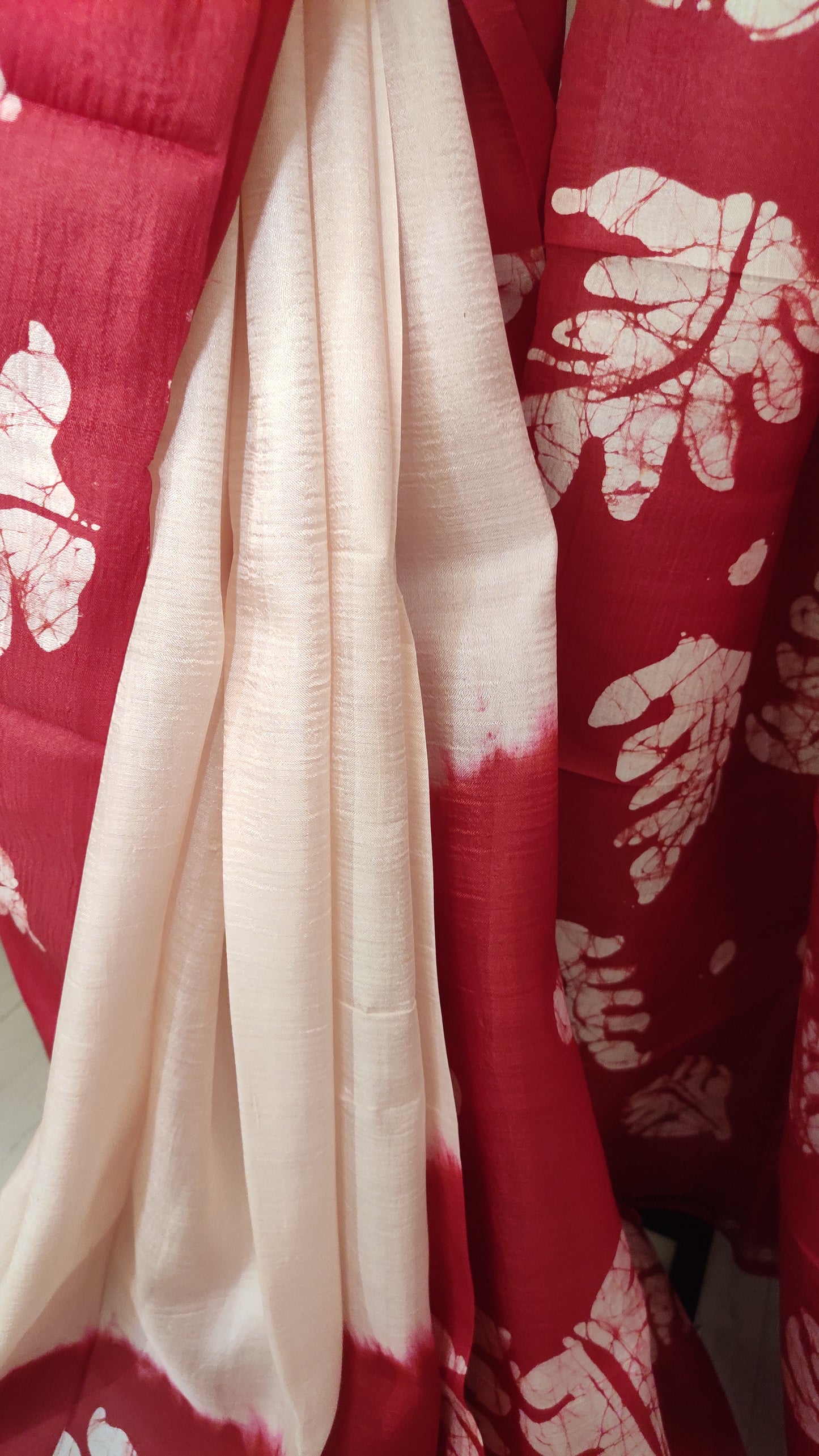 Off White - Red Hand batik Pure Silk Saree