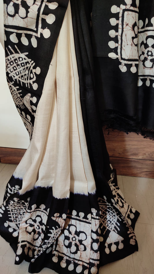 Off White - Black hand Batik Pure Silk Saree having fish design