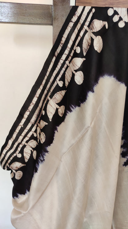 Off White - Black hand Batik Pure Silk Saree having fish design