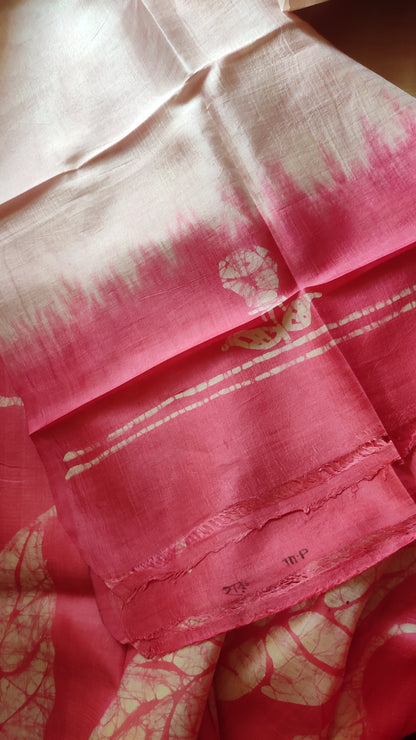 Off White - Pink hand Batik Pure Silk Saree having Leaf design