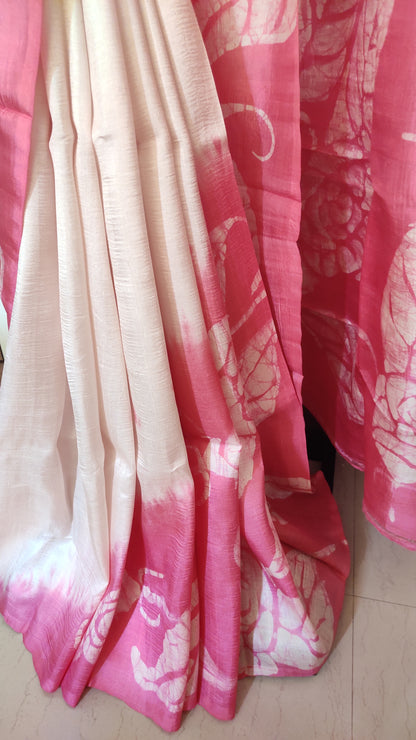 Off White - Pink hand Batik Pure Silk Saree having Leaf design