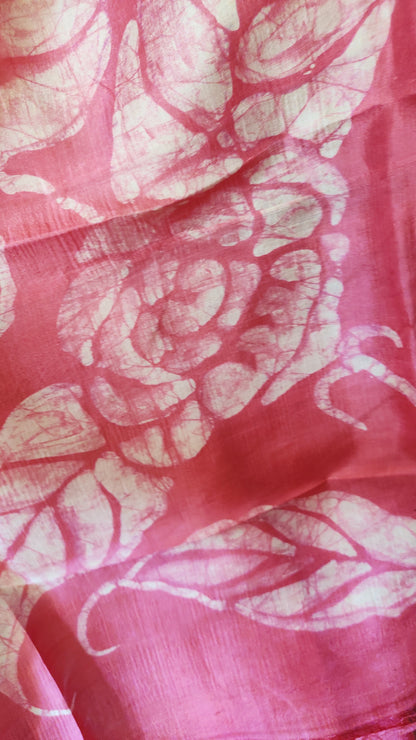 Off White - Pink hand Batik Pure Silk Saree having Leaf design