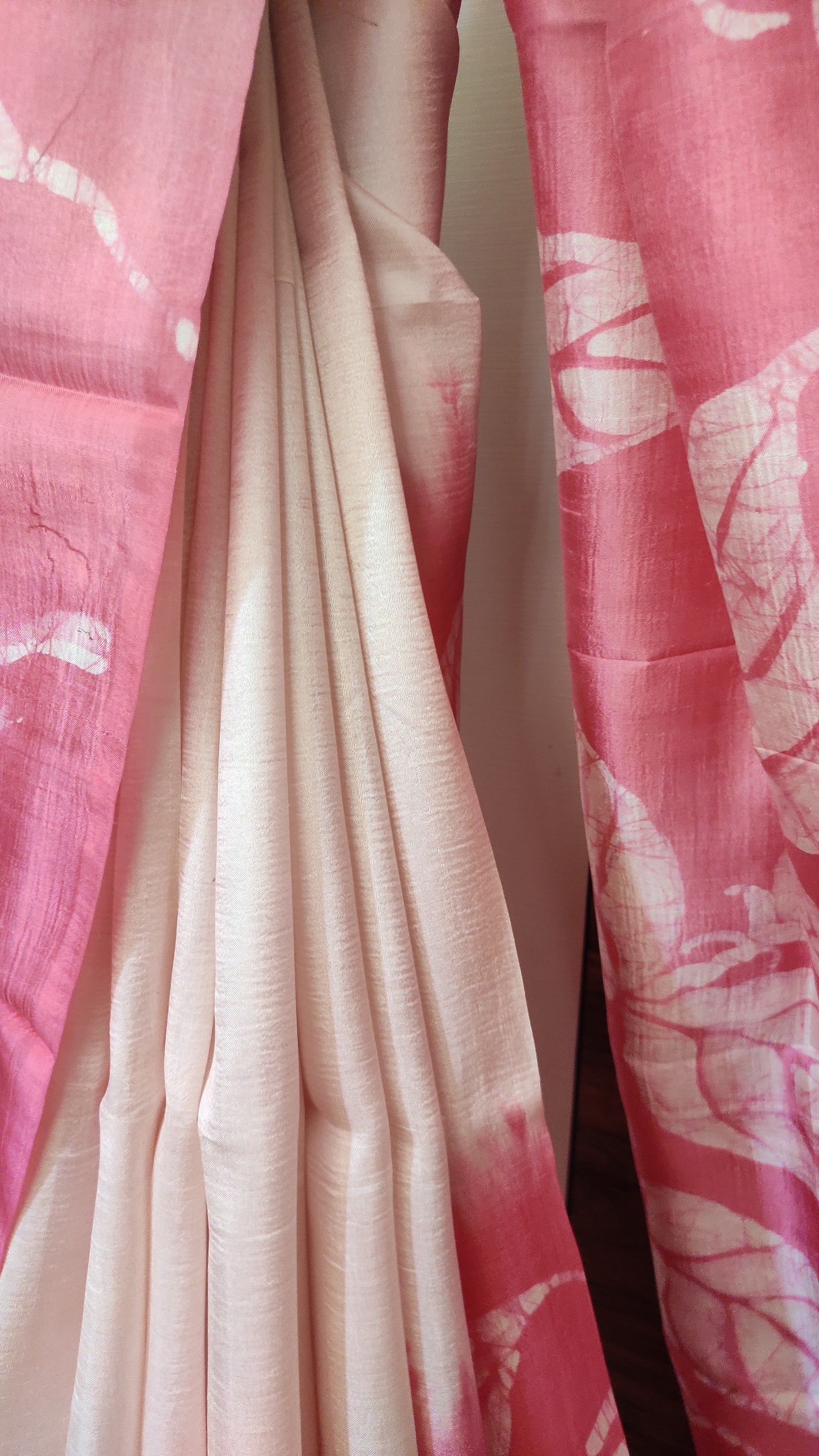 Off White - Pink hand Batik Pure Silk Saree having Leaf design