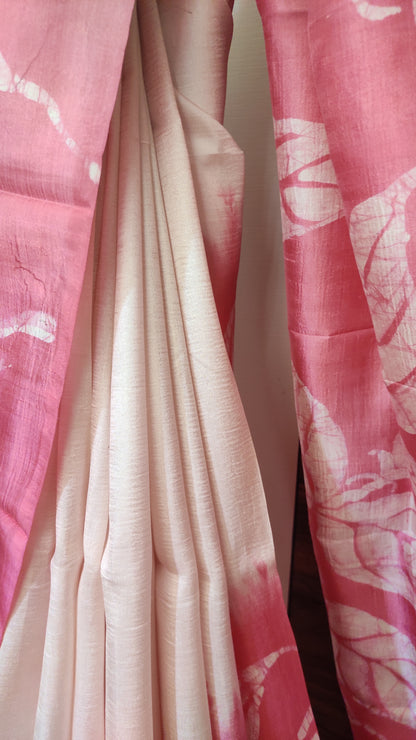 Off White - Pink hand Batik Pure Silk Saree having Leaf design