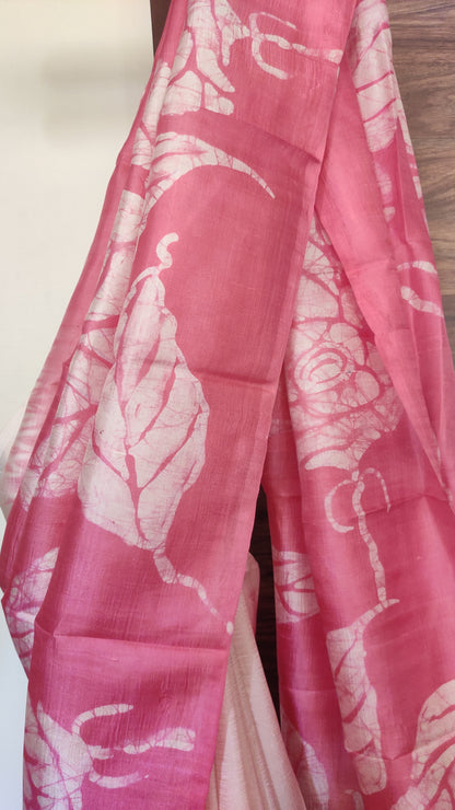 Off White - Pink hand Batik Pure Silk Saree having Leaf design