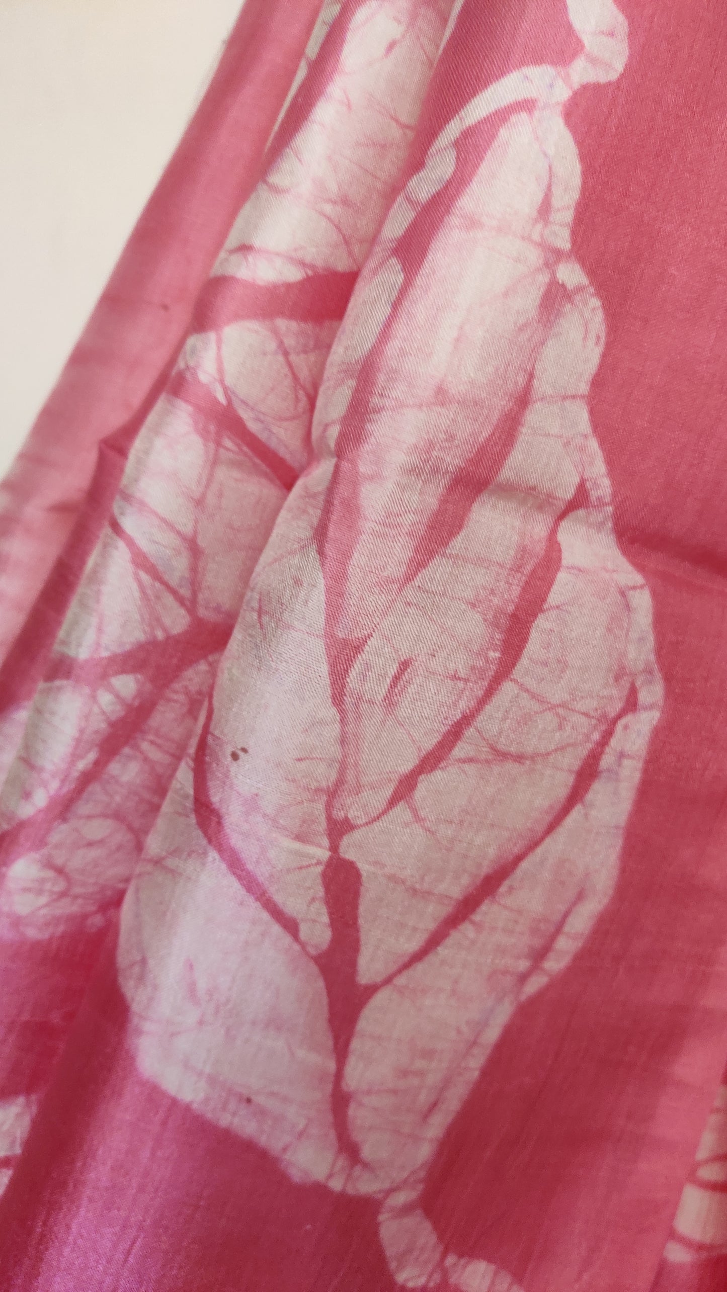 Off White - Pink hand Batik Pure Silk Saree having Leaf design