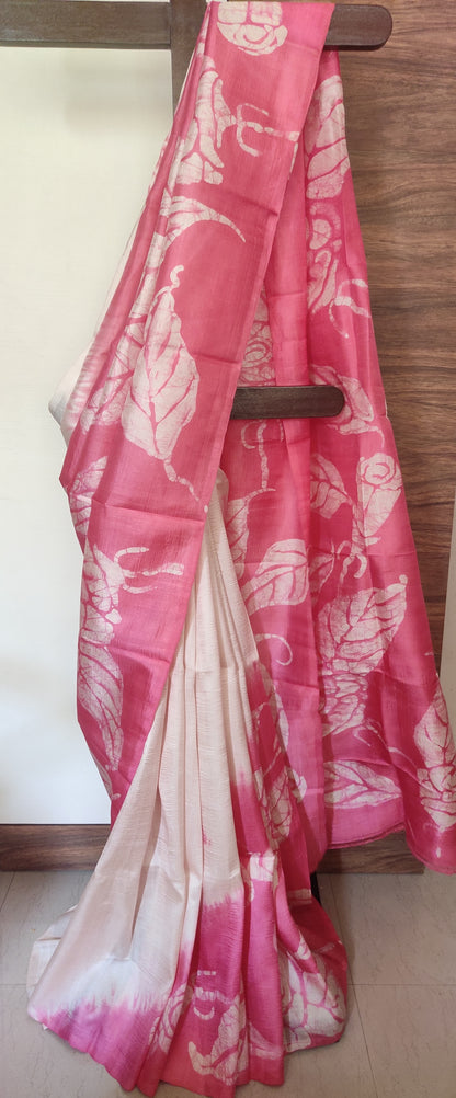 Off White - Pink hand Batik Pure Silk Saree having Leaf design