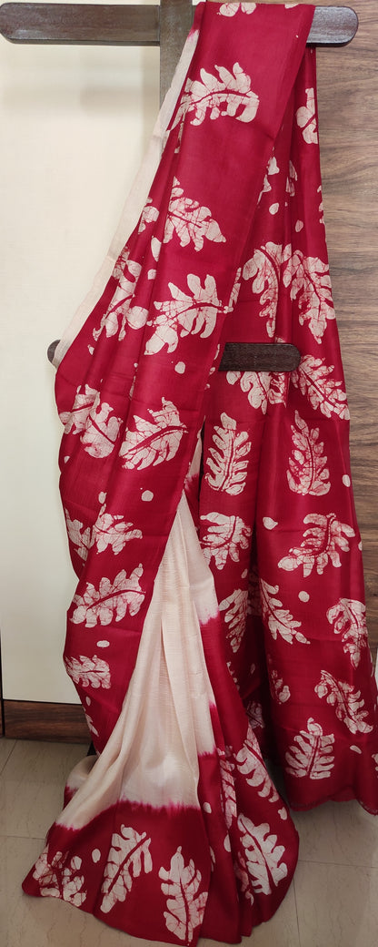 Off White - Red Hand batik Pure Silk Saree