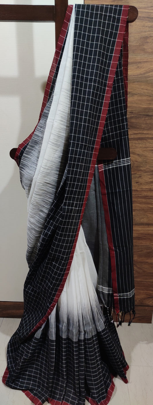 White-Black ikkat blended check border Khadi Handloom Saree