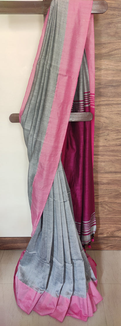 Steel Grey Plain Body Contrast Pink border Soft Handloom Saree