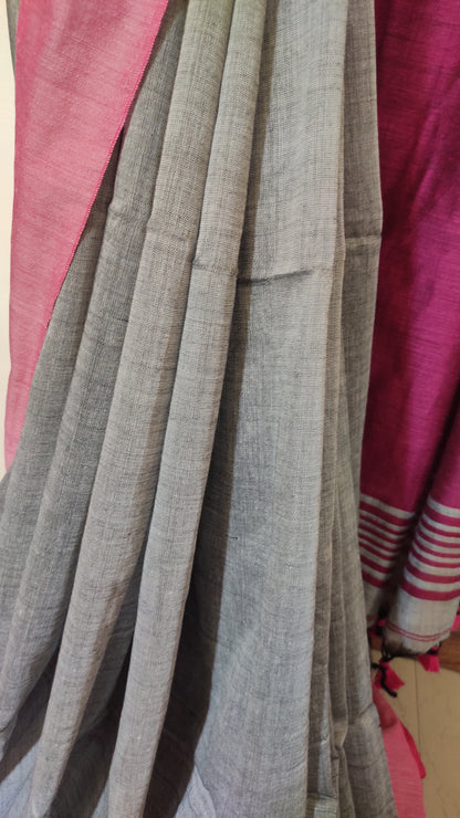 Steel Grey Plain Body Contrast Pink border Soft Handloom Saree