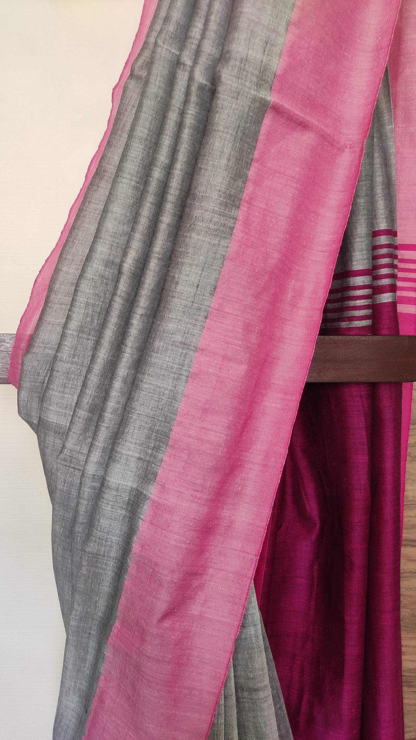 Steel Grey Plain Body Contrast Pink border Soft Handloom Saree