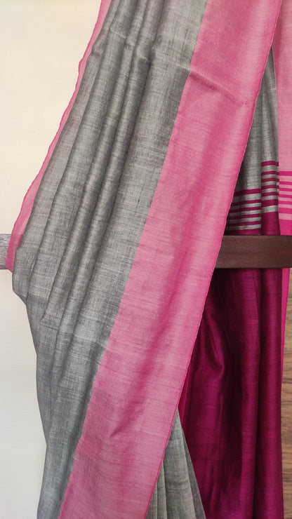 Steel Grey Plain Body Contrast Pink border Soft Handloom Saree