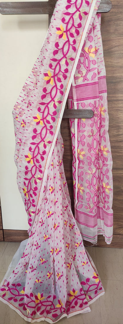 Jamdani Inspired White-Pink Silk Cotton Handloom Saree