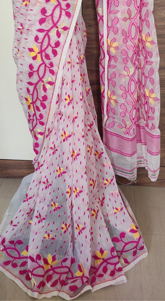 Jamdani Inspired White-Pink Silk Cotton Handloom Saree
