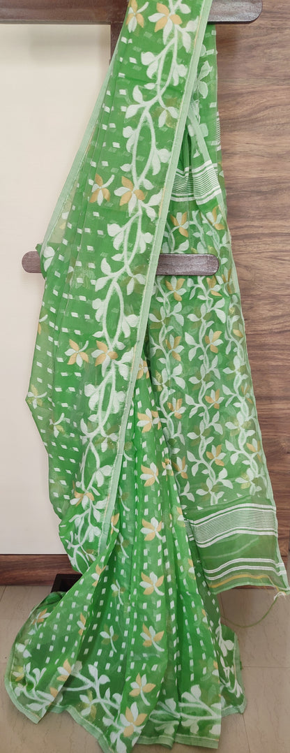 Jamdani Inspired Green Silk Cotton Thread Worked Saree